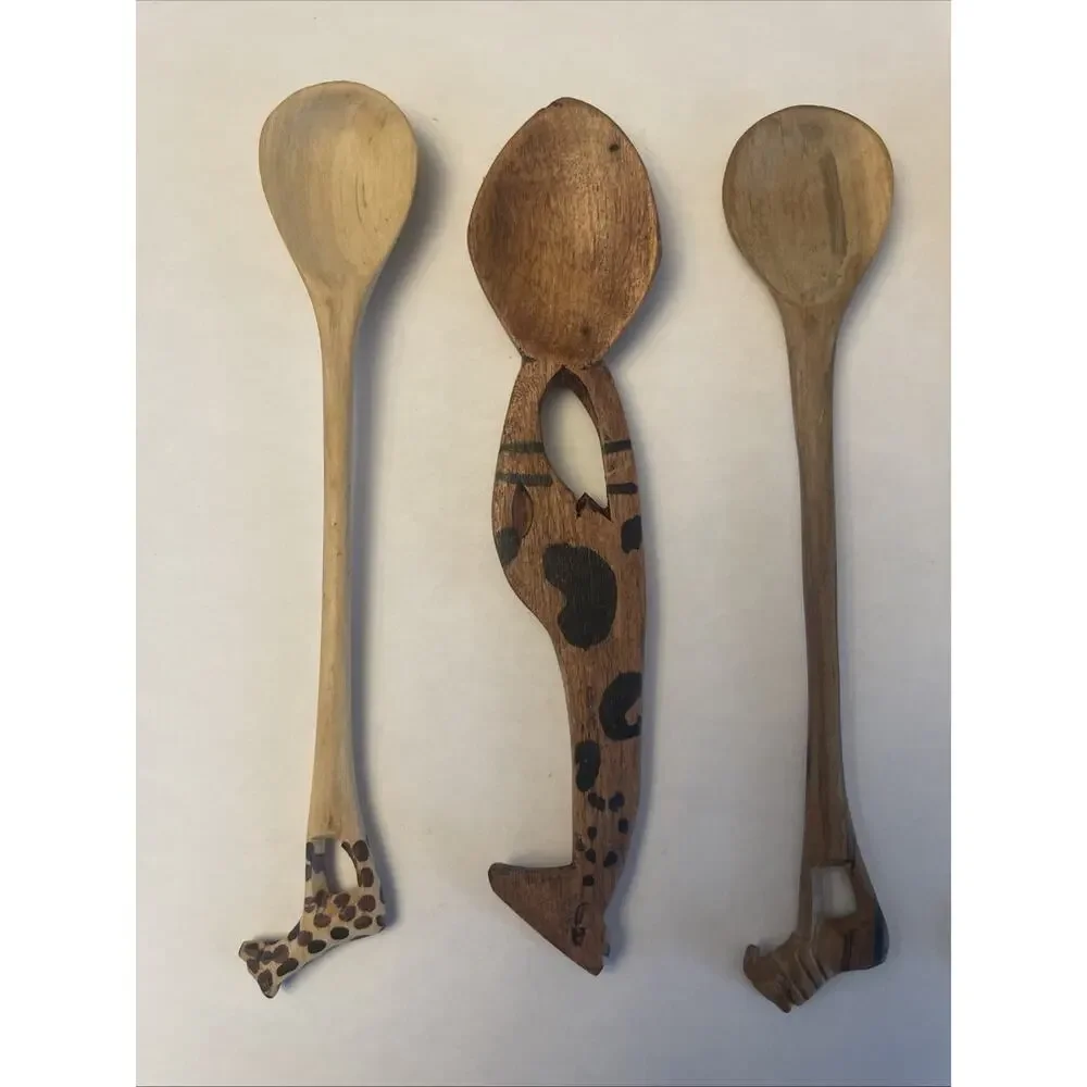 (Lot of 5 Pc) African Hand Carved Animal Giraffe Rhino Design 6-7” Wooden Spoons